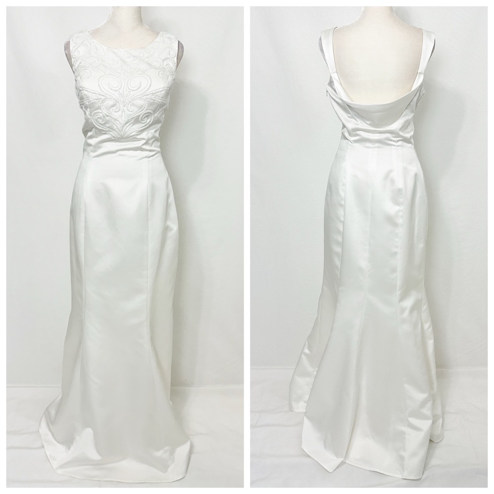 Vintage Precious Formals White wedding gown with cowl back detail. Bridal dress